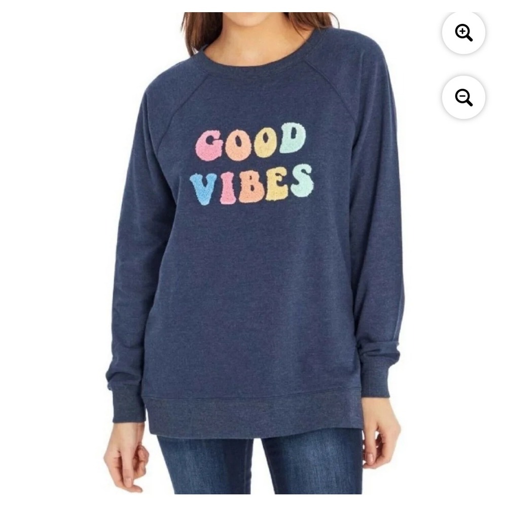 Wildfox "Good Vibes" Crewneck Sweatshirt Blue Multi‎ Chenille Applique Size S